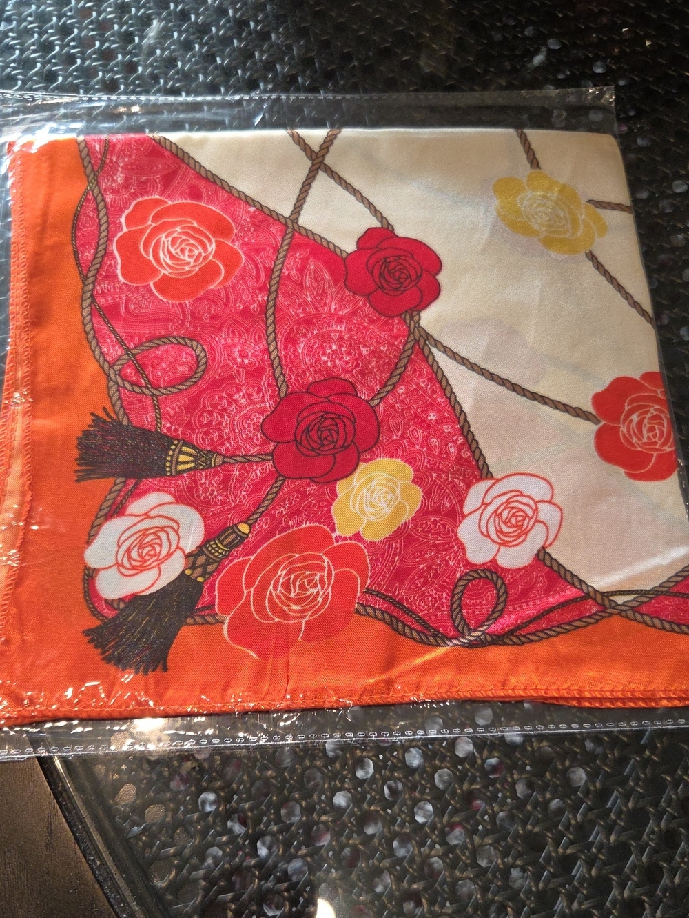 Floral Orange Red Silk Like Scarf 19 x 19